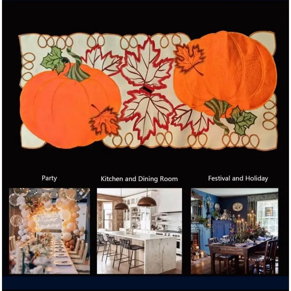 new: fall, autumn, thanksgiving embroidered table‎ runner, harvest, pumpkins